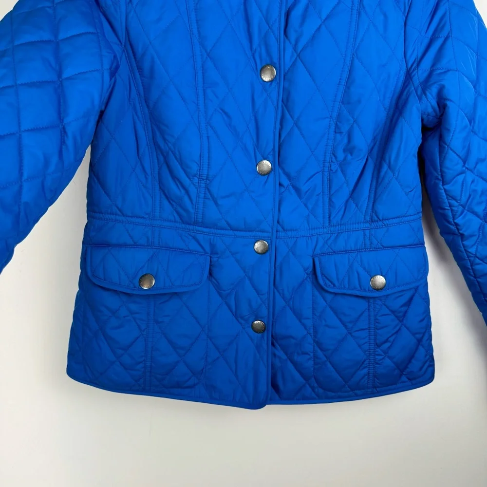 Talbots Diamond Quilted Jacket Sz Petite Cobalt Blue Button Snap Barn Chore